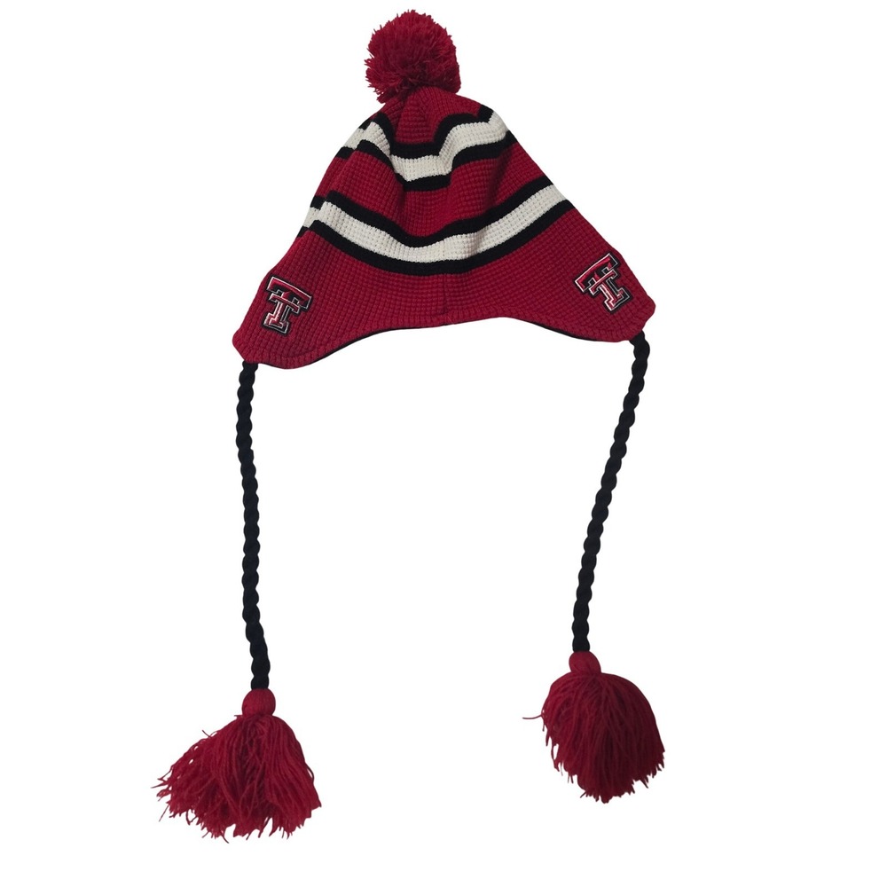 Top of the World Texas Tech Red Raiders Beanie Hat Ear Flaps Tassels Red Black